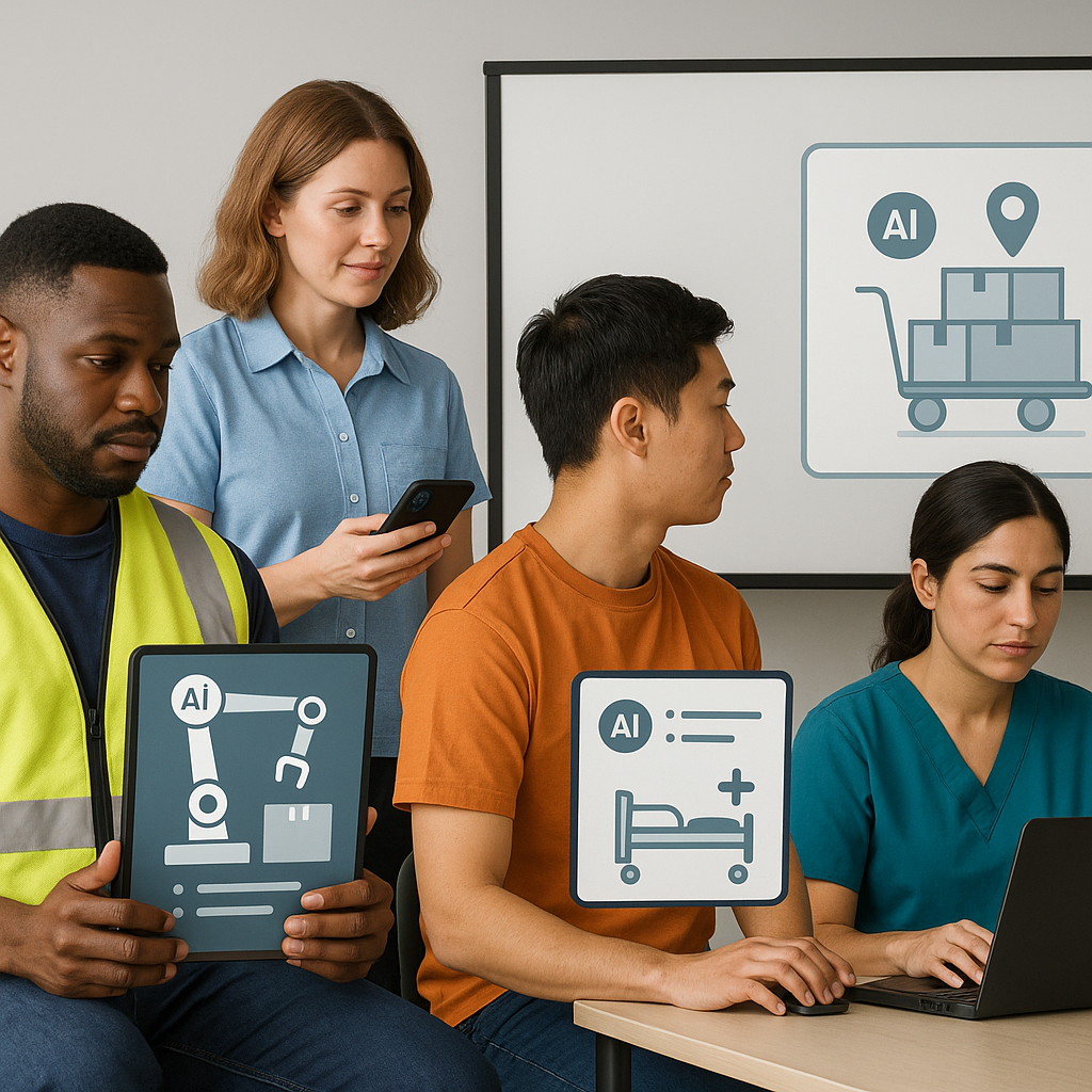 A diverse group of deskless workers (warehouse staff, retail employees, healthcare assistants) using technology in a tra...
