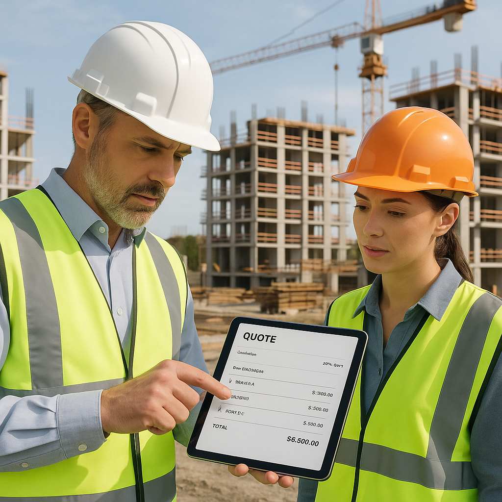 A construction site with contractors on-site using a mobile app on a tablet to build a quote, with a clear view of under...