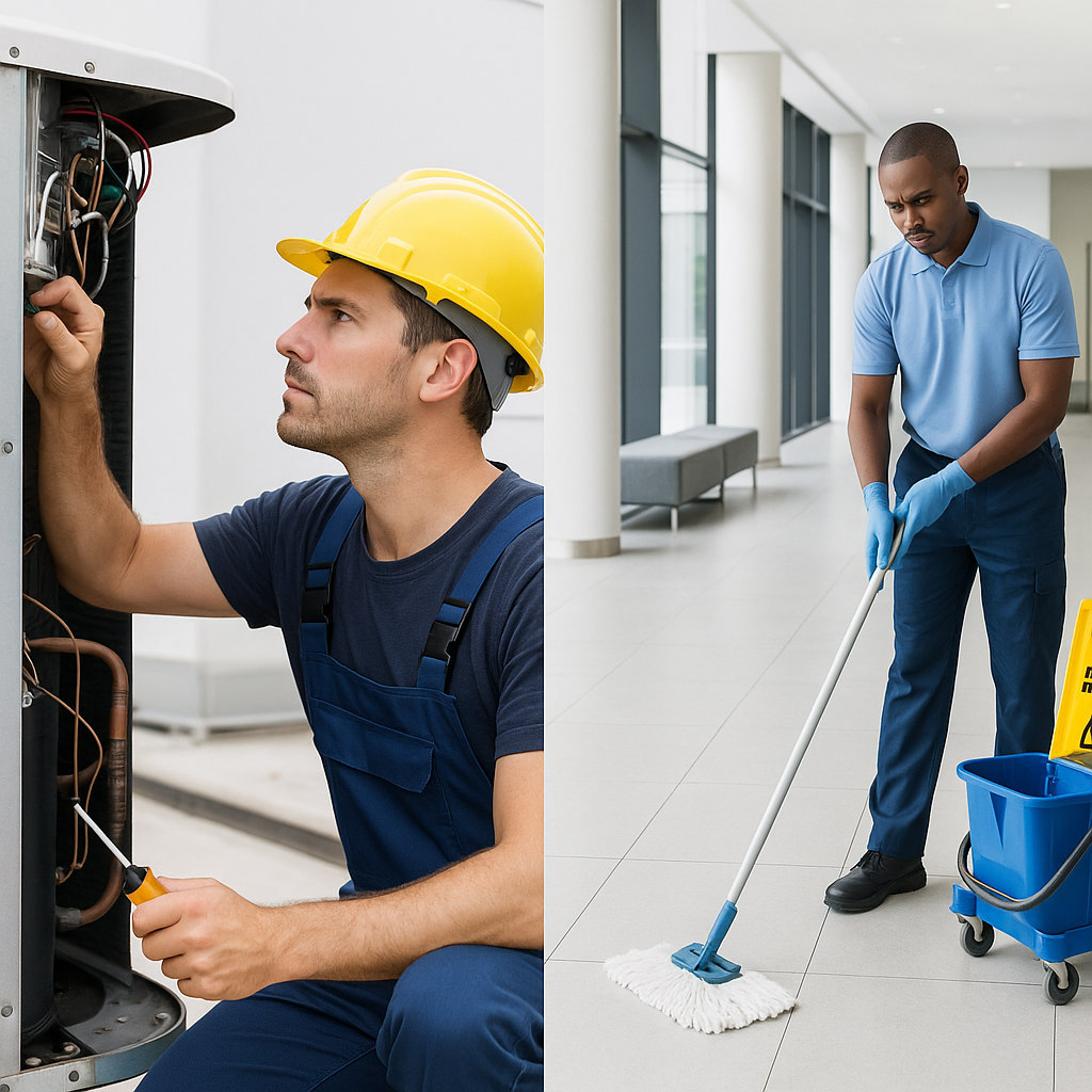 A split-screen image: on the left, an HVAC technician repairing a system (Hard FM); on the right, a janitor cleaning a l...