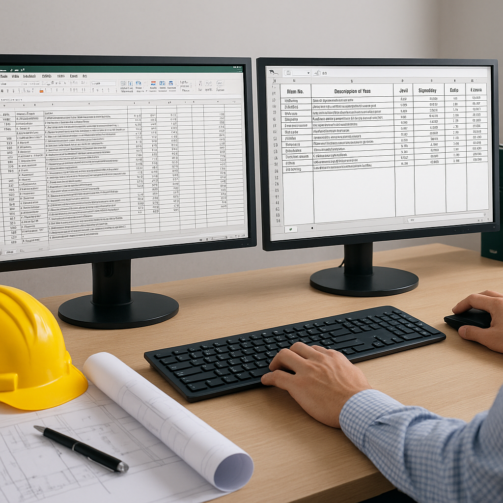 A contractor's desk with a messy Excel BOQ file on one screen, an AI tool cleaning it up on another screen, and CPWD DSR...