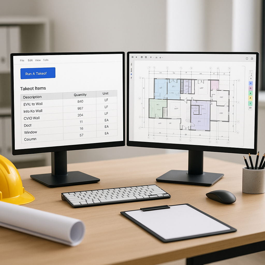 A construction estimator's desk with dual monitors displaying an AI-powered takeoff software interface extracting quanti...