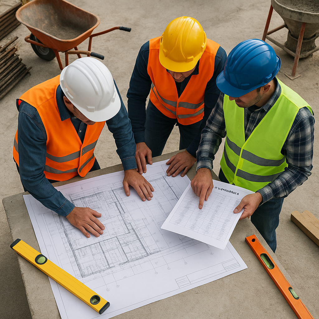 A construction site with workers reviewing detailed blueprints and measurement sheets, surrounded by equipment and mater...