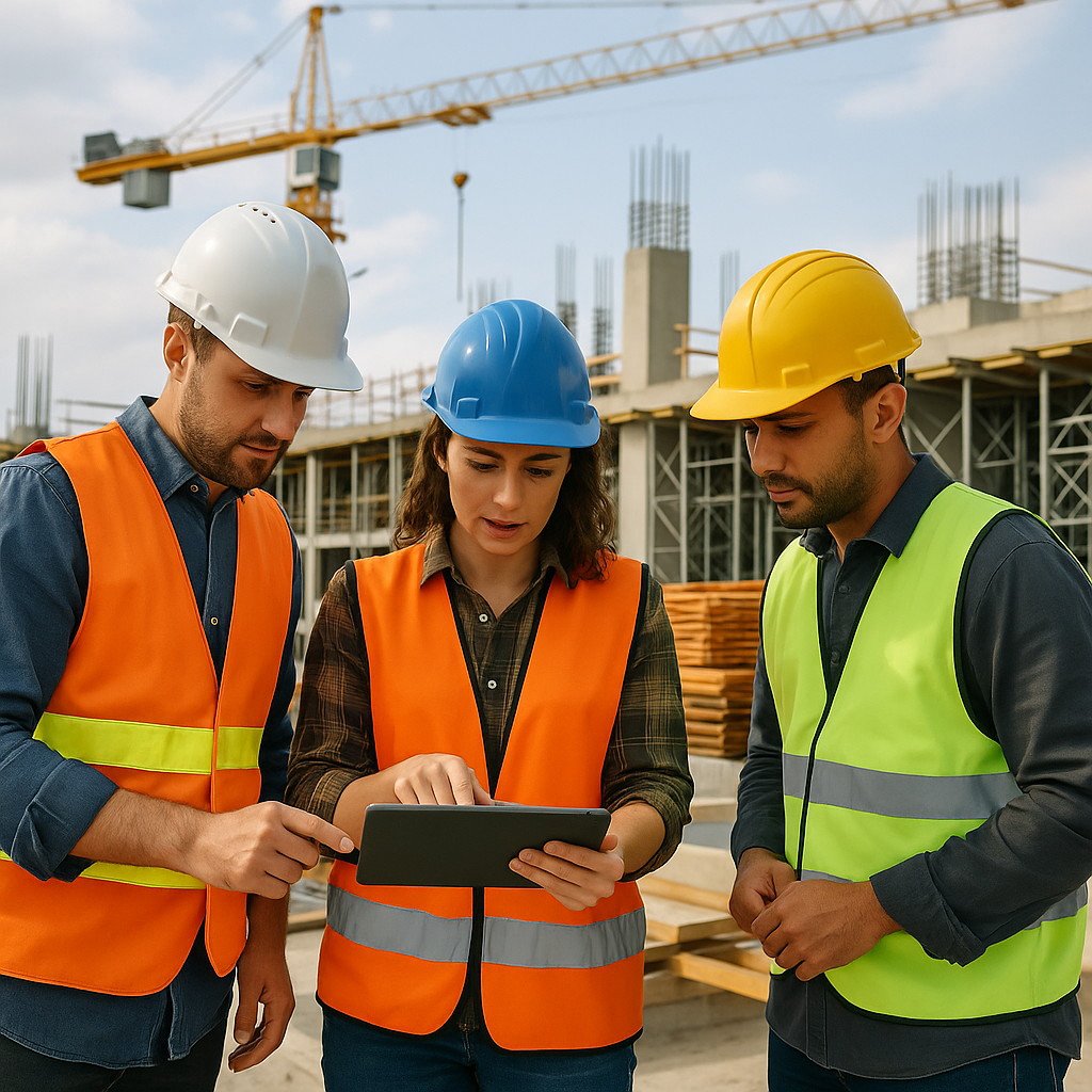 A construction site with workers reviewing plans on a tablet, surrounded by equipment and materials. The scene is dynami...