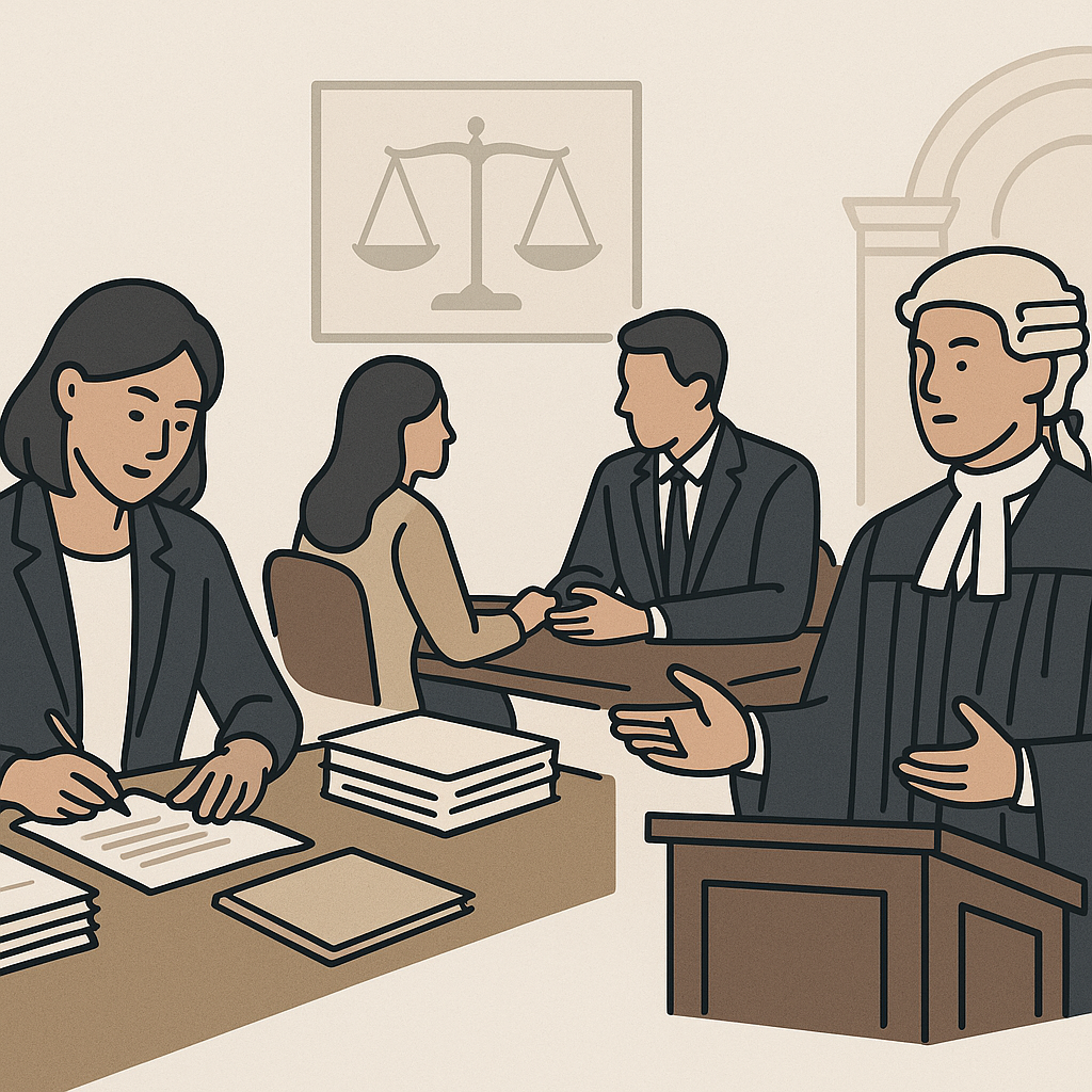 An illustration showing a paralegal at a desk with documents, a solicitor in a meeting with a client, and a barrister in...