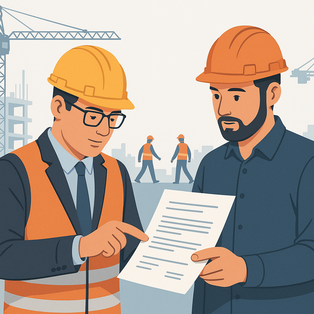 A detailed illustration of a construction manager reviewing a rate contract document with a supplier, with construction...