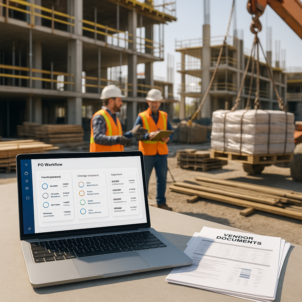 A construction site with workers managing material deliveries, a laptop showing a PO workflow dashboard, and vendor docu...