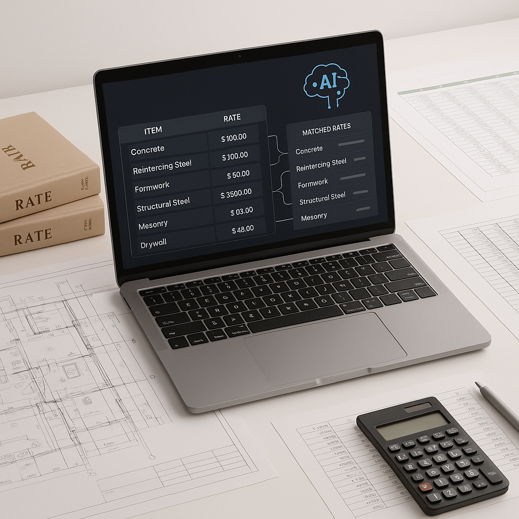 A 3D-rendered construction estimator's desk with a laptop—screen showing AI-powered rate matching software. Background:...