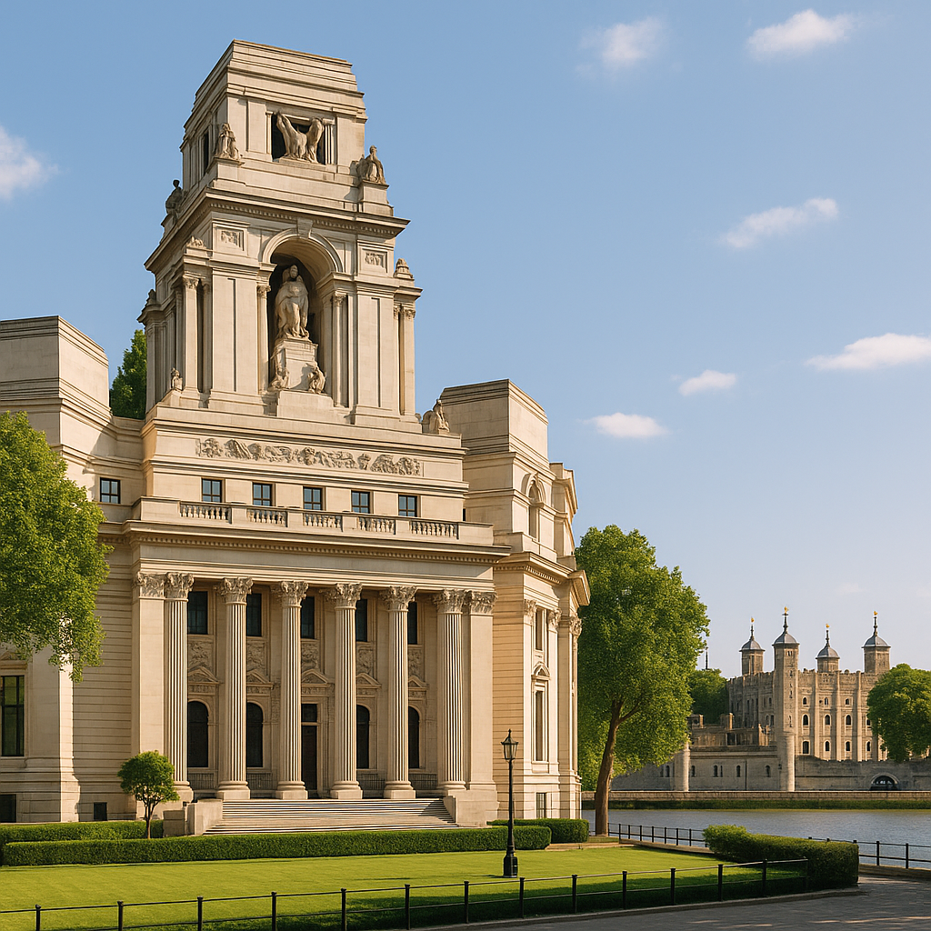 A picturesque view of Trinity House, a Georgian-style building in London, with the Tower of London and the Thames in the...