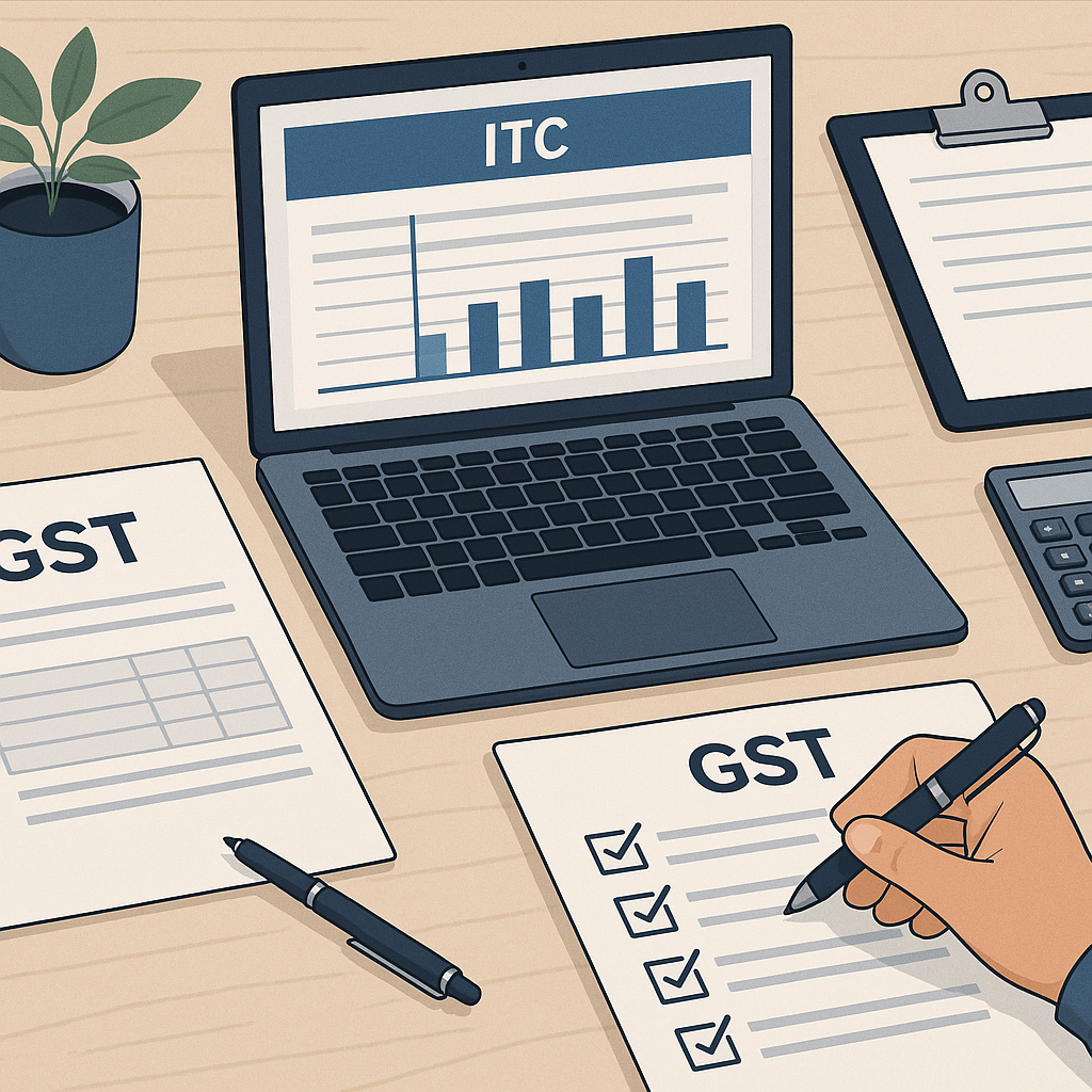 A detailed illustration of a contractor's desk with GST filing documents, a laptop showing ITC reconciliation, and a GST...