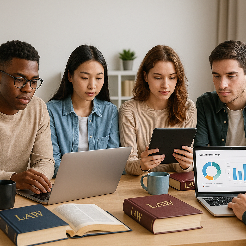 A diverse group of young professionals studying on laptops and tablets, surrounded by legal textbooks and coffee mugs, w...