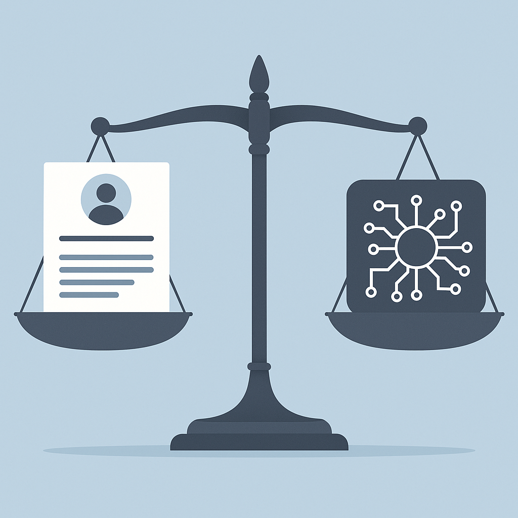 A balanced scale with a resume on one side and a computer algorithm on the other, symbolizing fairness in AI hiring deci...