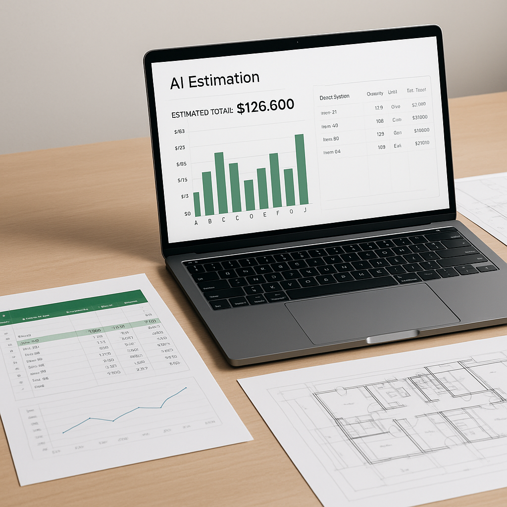 An Excel spreadsheet on a desk next to architectural drawings, with a laptop showing AI-powered estimation software in a...
