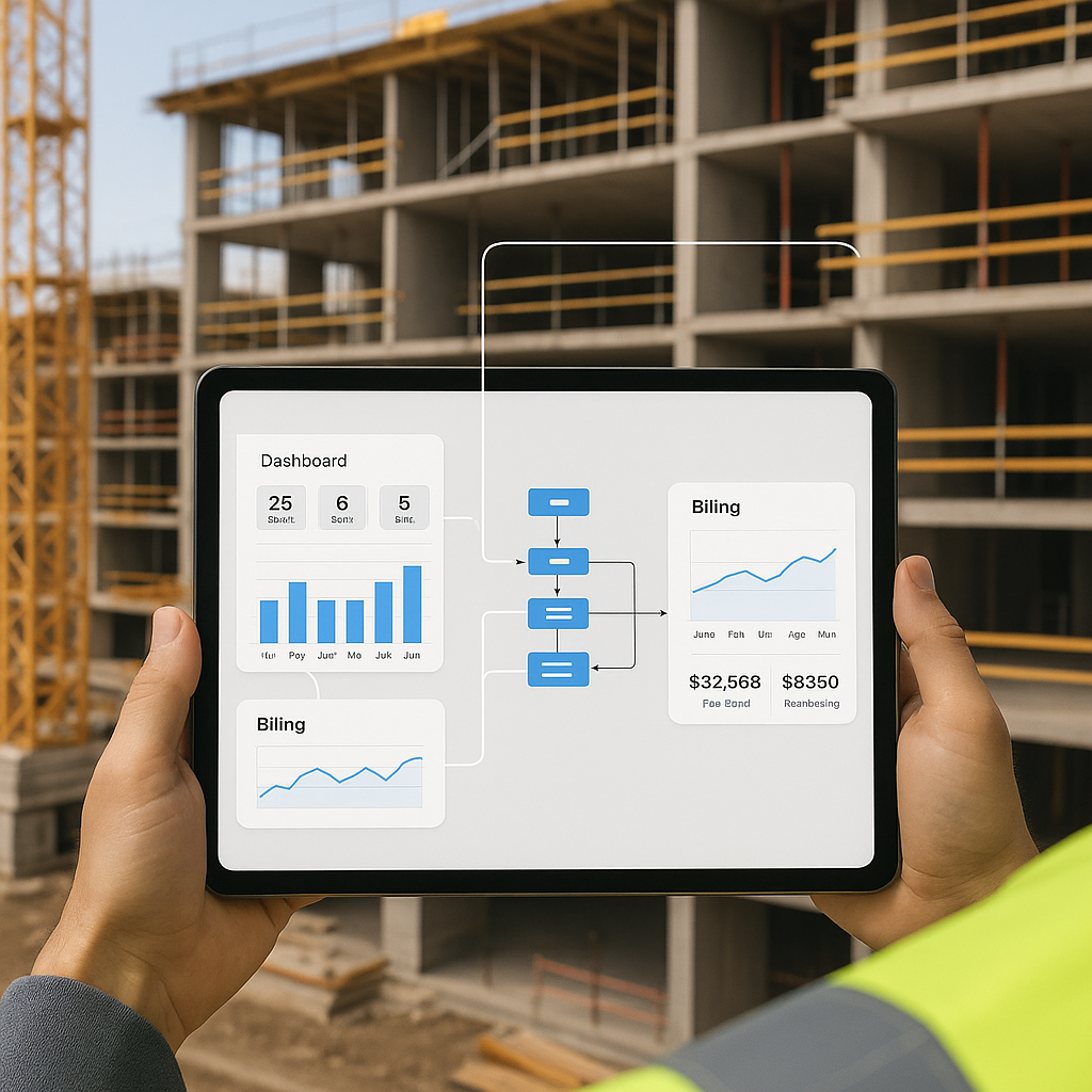 A construction project site with interconnected digital workflows displayed on a tablet, showing dashboards and billing...