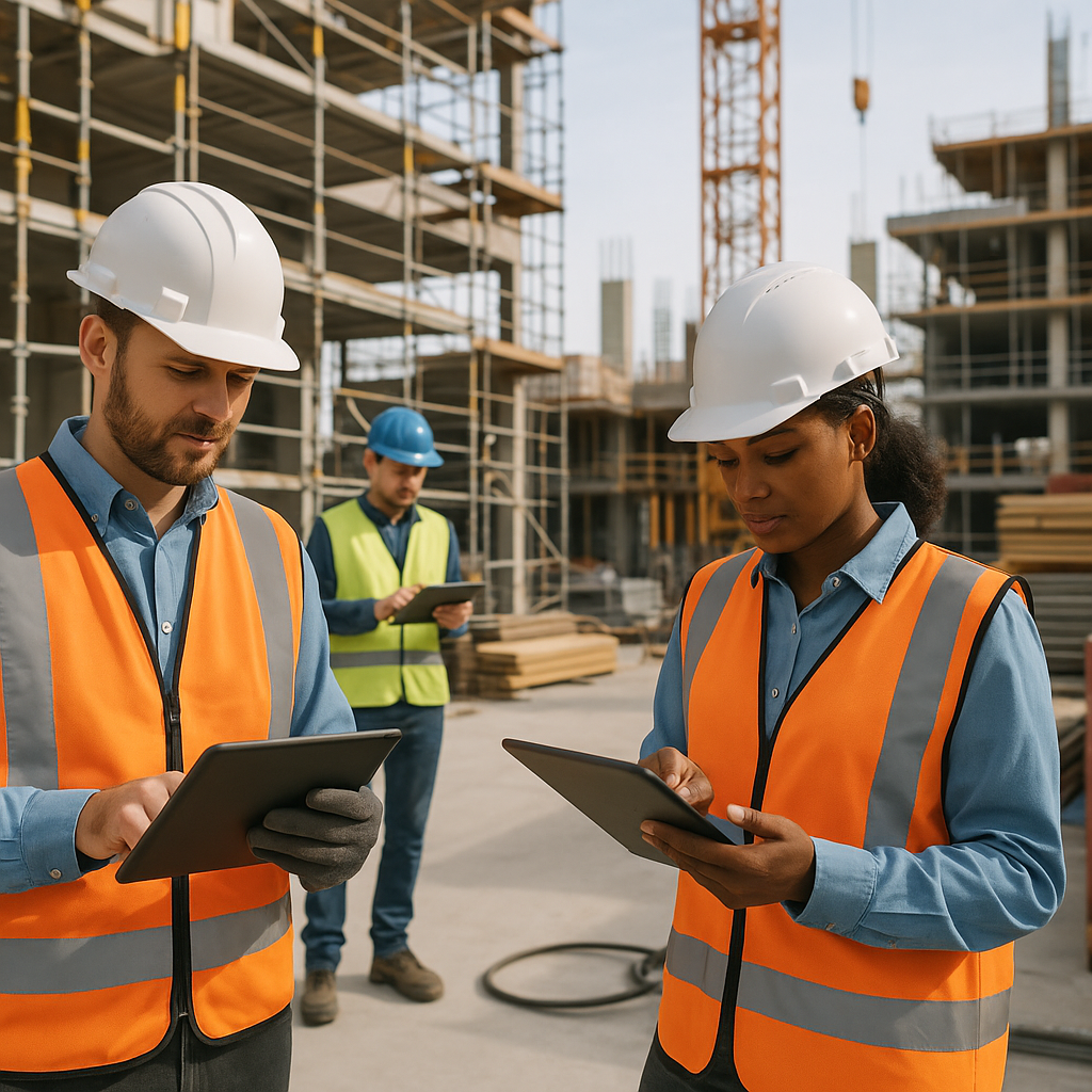 A construction site with workers measuring progress using digital tablets, surrounded by scaffolding and equipment, emph...