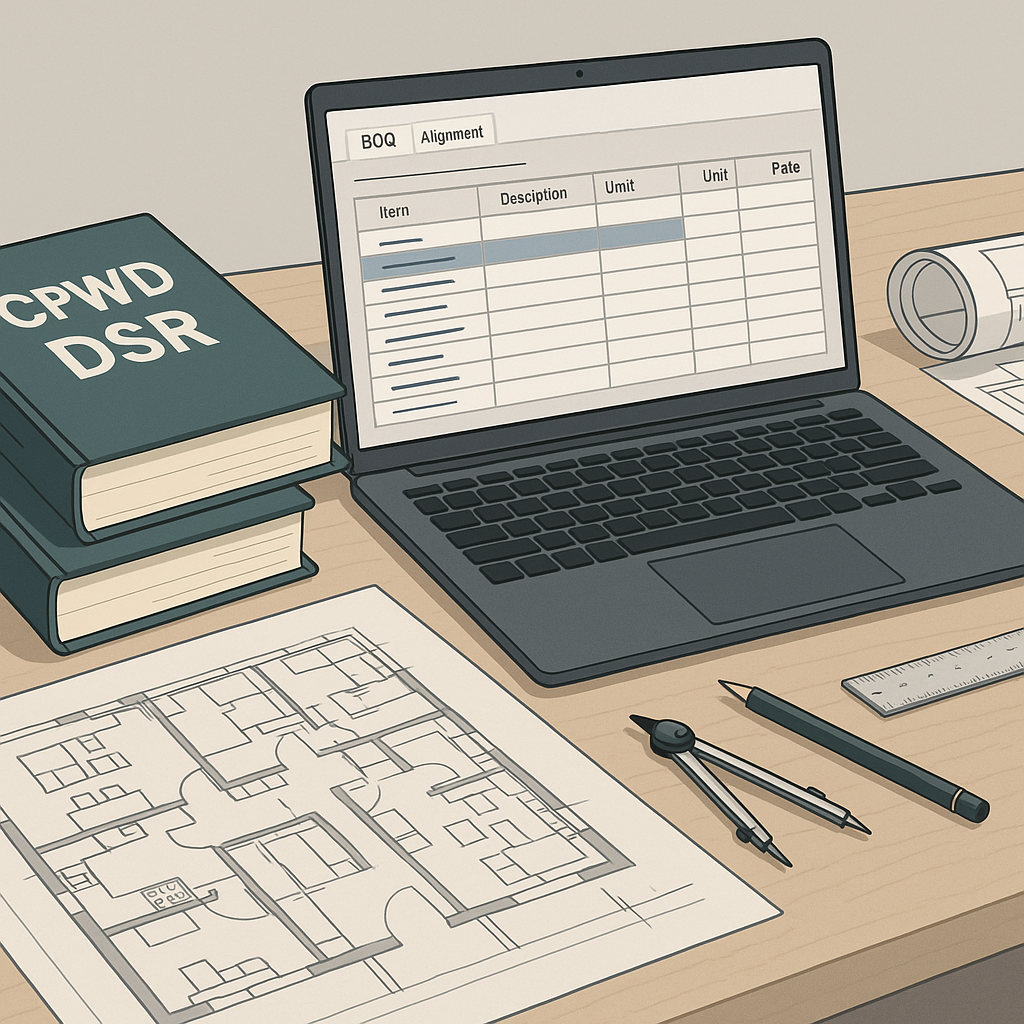 A detailed illustration showing a contractor's desk with CPWD DSR books, a laptop screen displaying BOQ alignment softwa...