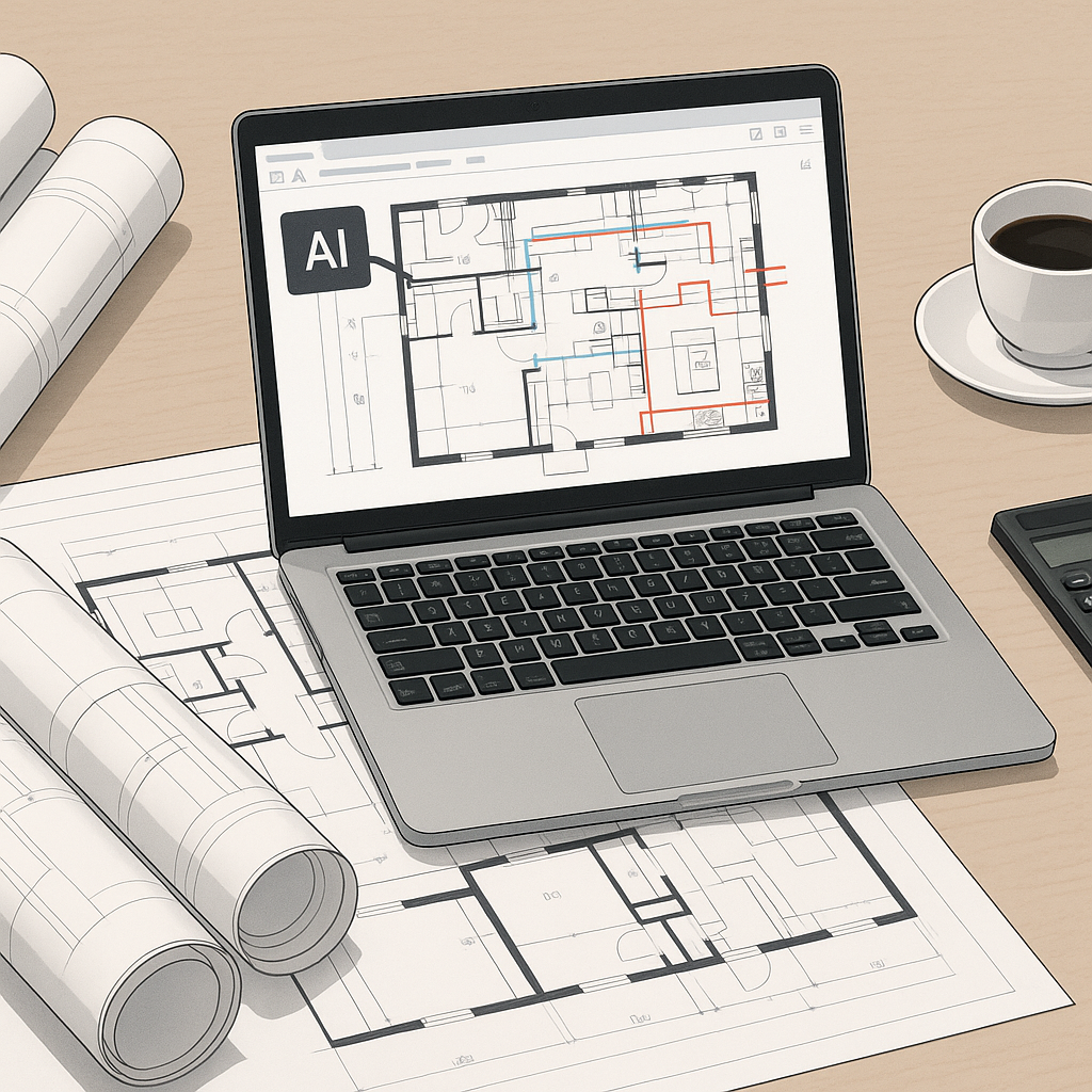 A detailed illustration of a construction estimator's desk with a laptop screen showing an AI-powered takeoff software a...