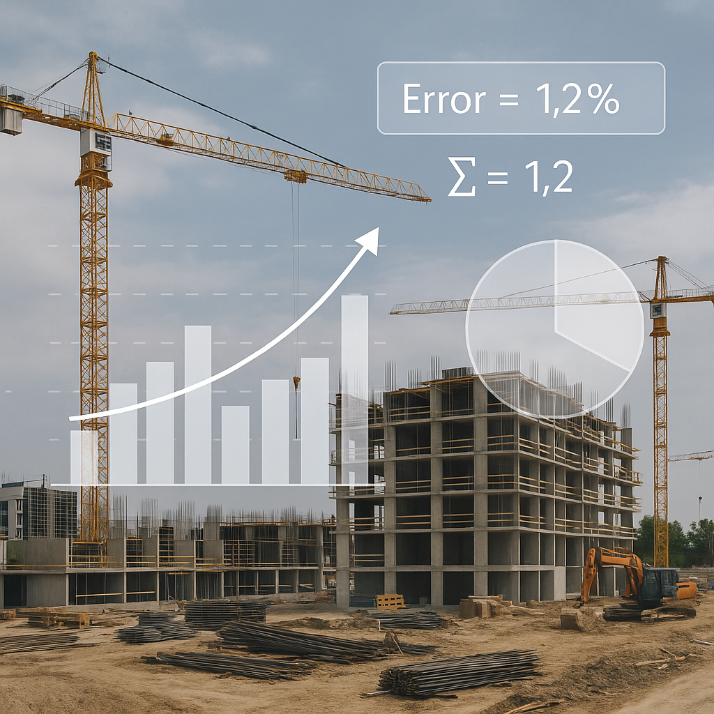 A construction site with an overlay of charts and formulas, visually representing cost estimation and error tracking wit...