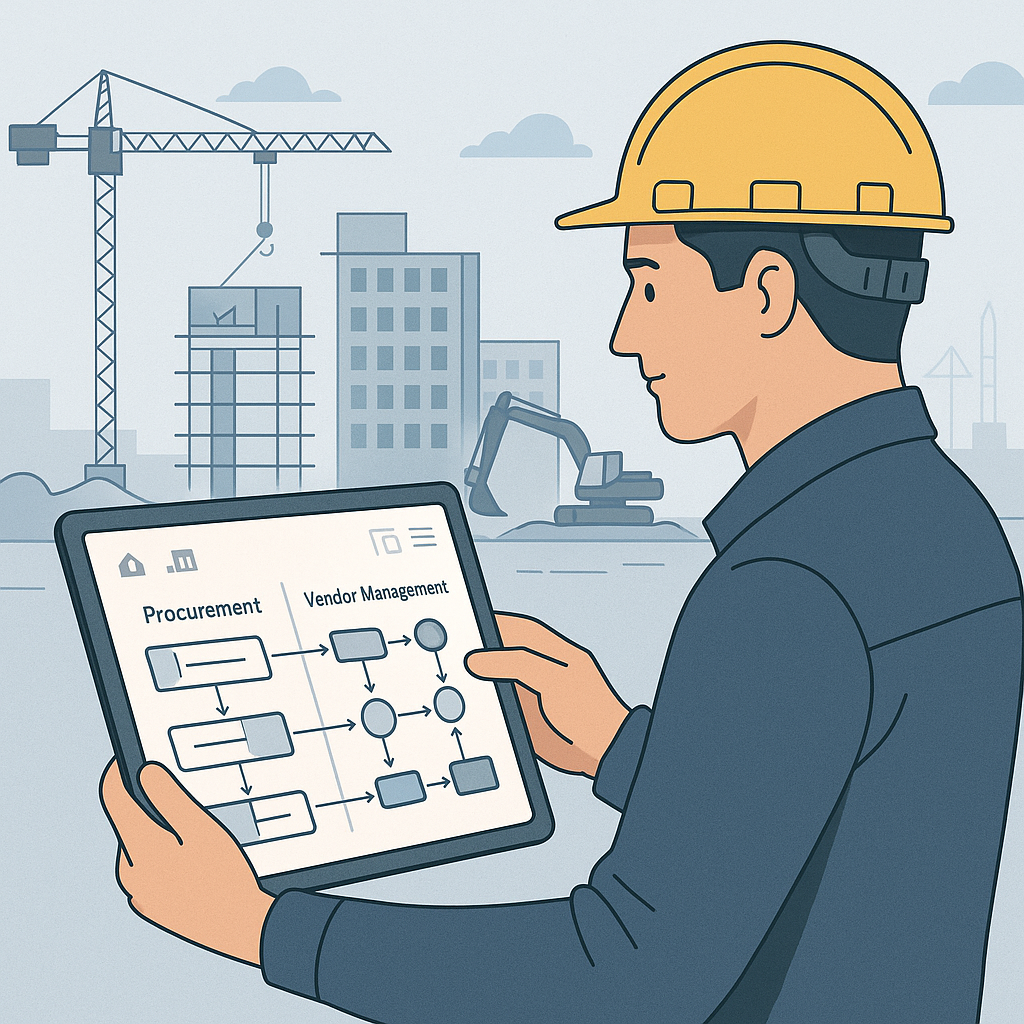 A detailed illustration showing a construction site manager using a digital dashboard on a tablet, with workflows for pr...