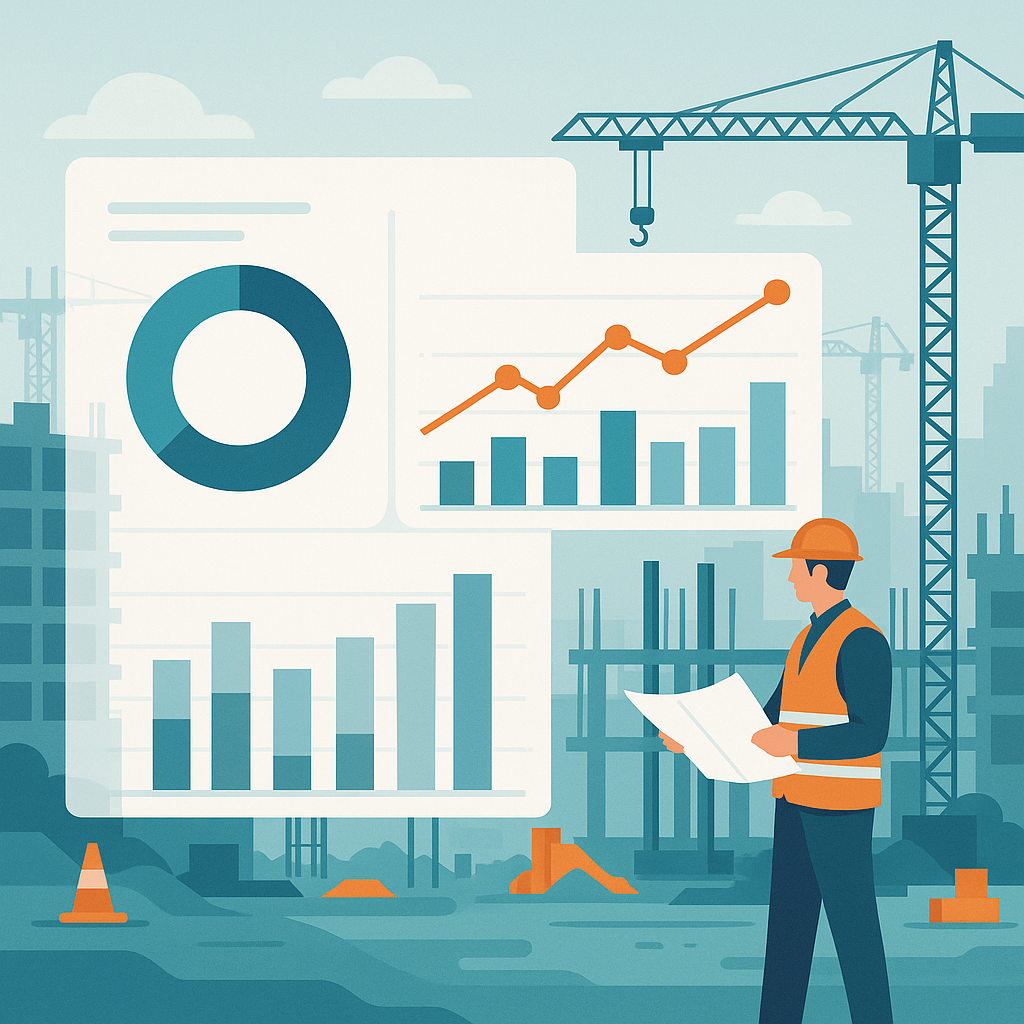 A detailed digital illustration of a construction project site with charts and dashboards overlayed, showing profit marg...