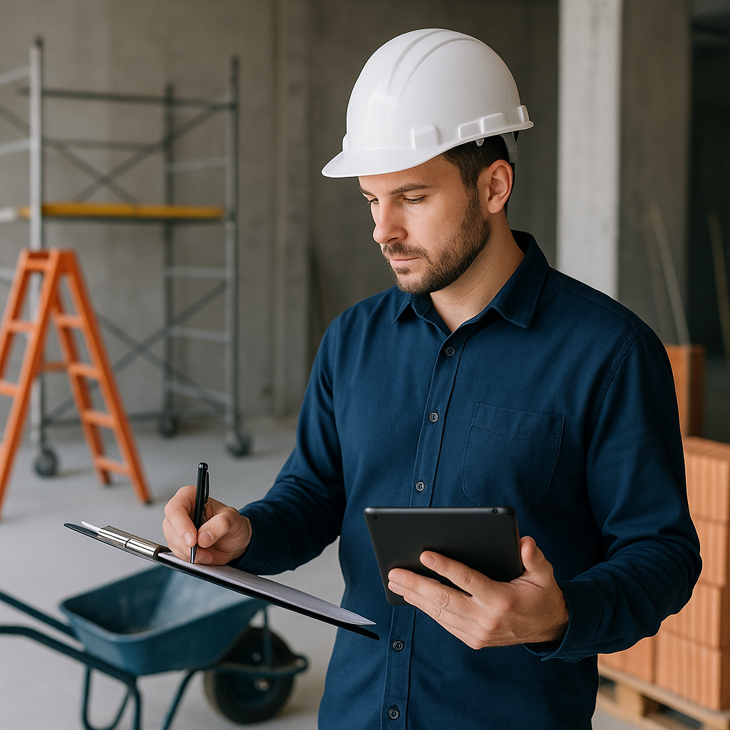 A contractor conducting a detailed site survey with a checklist and tablet in hand, surrounded by construction materials...