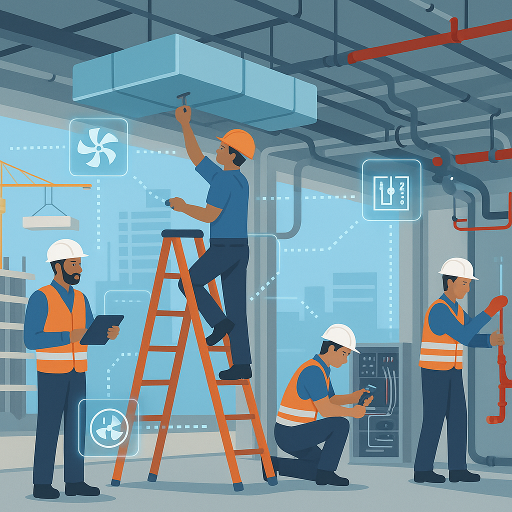 An illustration of a Gulf construction site showing diverse trades (MEP, HVAC, firefighting) with interconnected workflo...