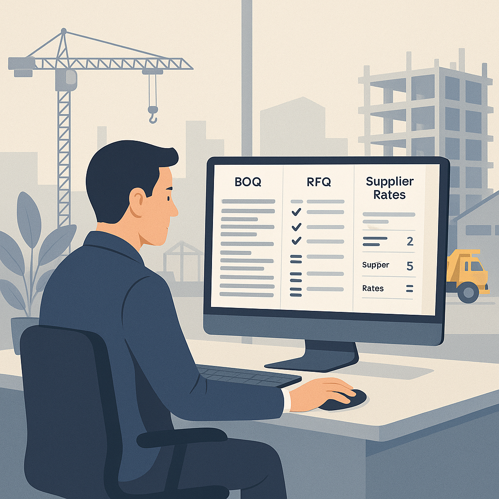 An illustration of a construction site office showing a procurement manager reviewing a digital dashboard with BOQs, RFQ...