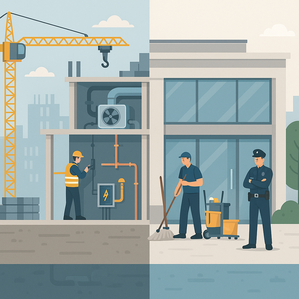 A detailed illustration of a construction site split into two halves: one side showing mechanical systems (Hard FM) and...