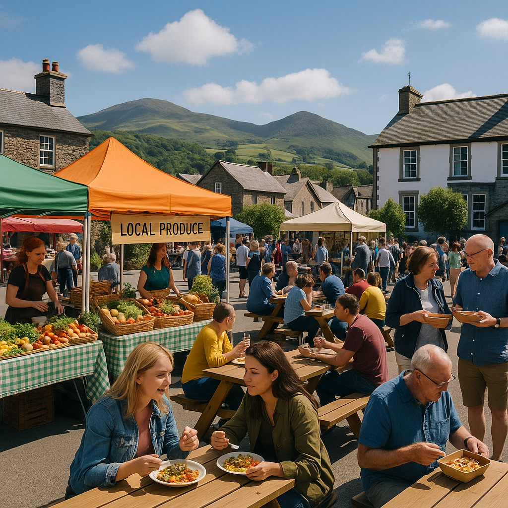 A vibrant outdoor food festival in Wales with stalls showcasing local produce, attendees enjoying dishes, and a backdrop...
