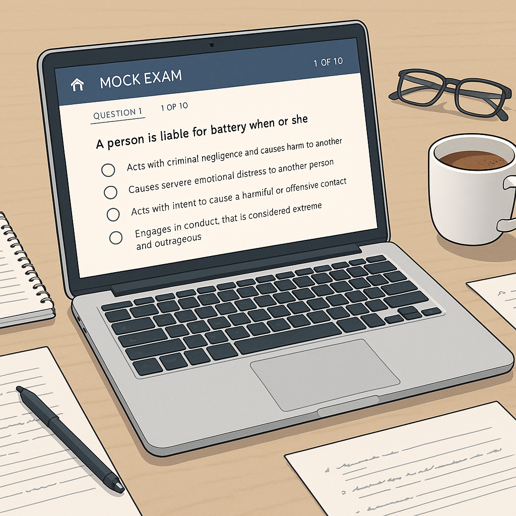 A detailed illustration of a laptop on a desk, showing an online mock exam interface with legal question text and answer...