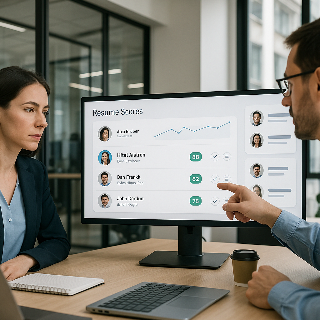 An AI-powered recruitment dashboard displaying resume scores, with HR professionals analyzing candidates on-screen in a...