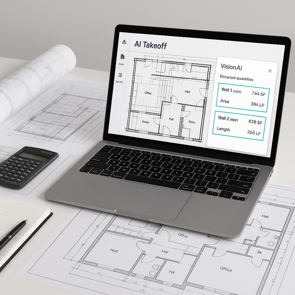 A construction estimator's desk featuring blueprints, a laptop displaying an AI takeoff tool interface, and Vision AI ex...