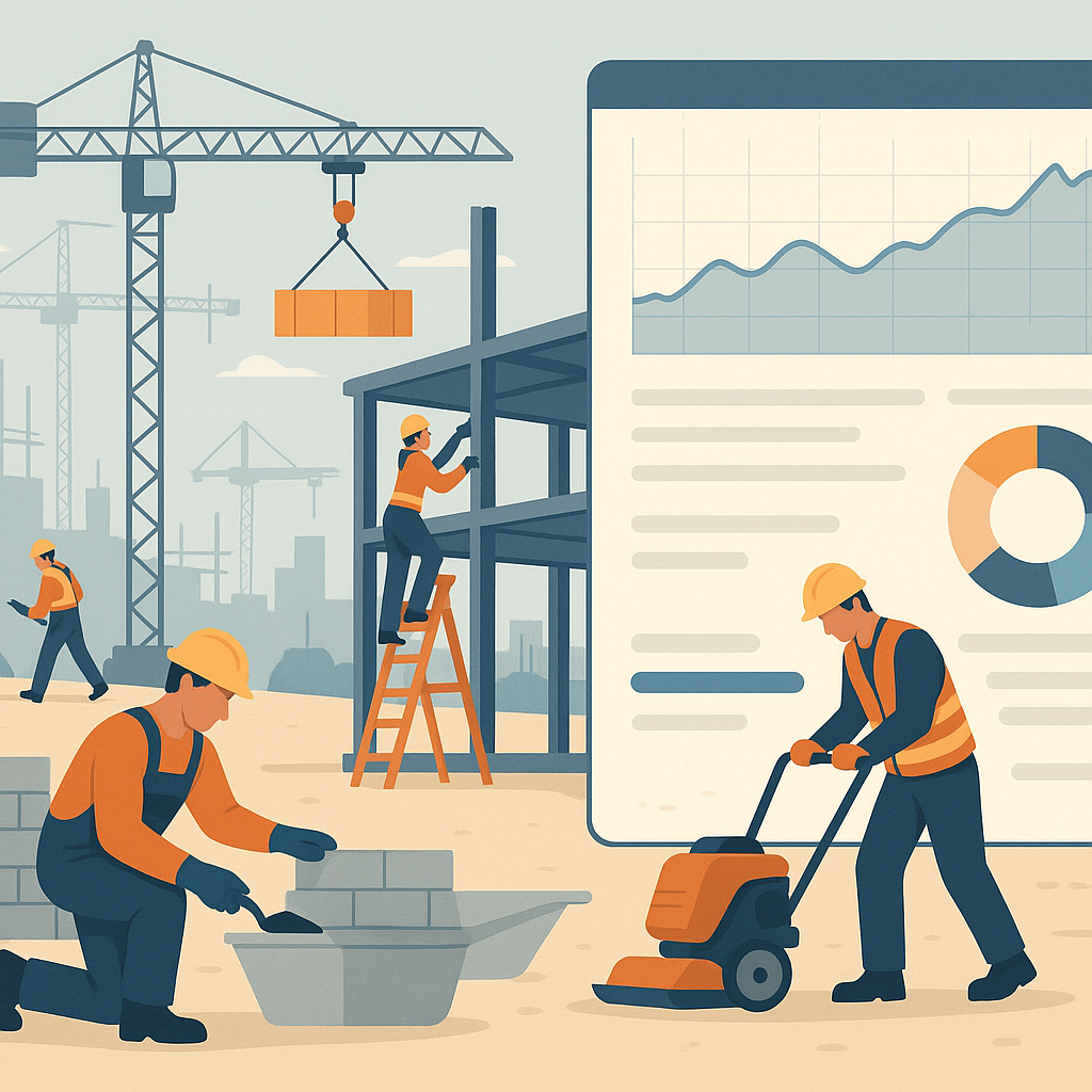 A detailed illustration of a construction site with multiple subcontractors working on different tasks, alongside a digi...