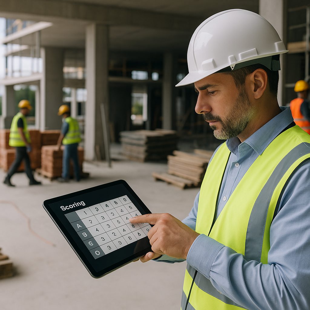 A construction site foreman reviewing a scoring matrix on a tablet, with materials and workers in the background. Modern...