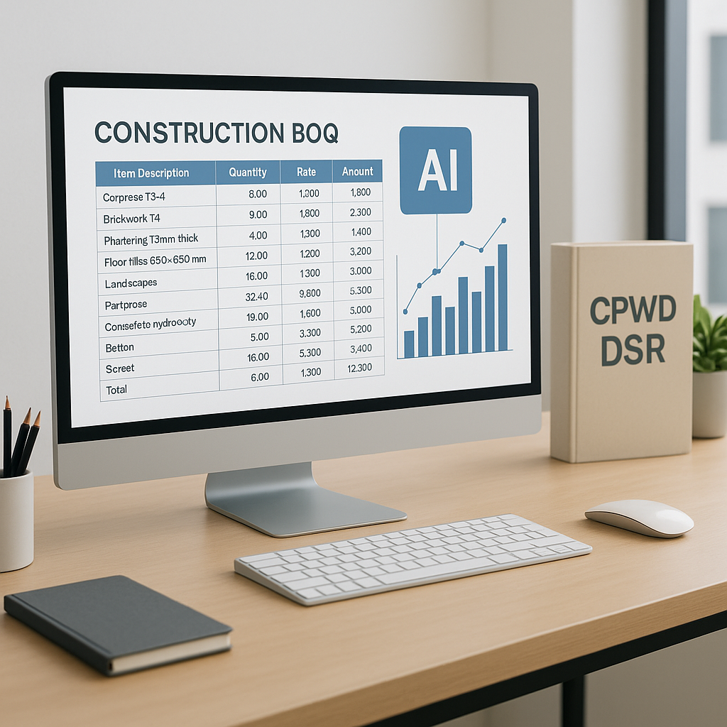 A modern workspace with a computer screen showing a digital construction BOQ being analyzed by AI, CPWD DSR catalog in t...