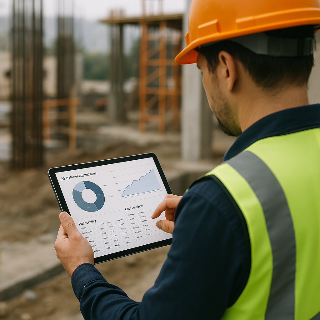 A contractor reviewing a digital dashboard showing BOQ margin breakdowns, profitability graphs, and cost variance tables...