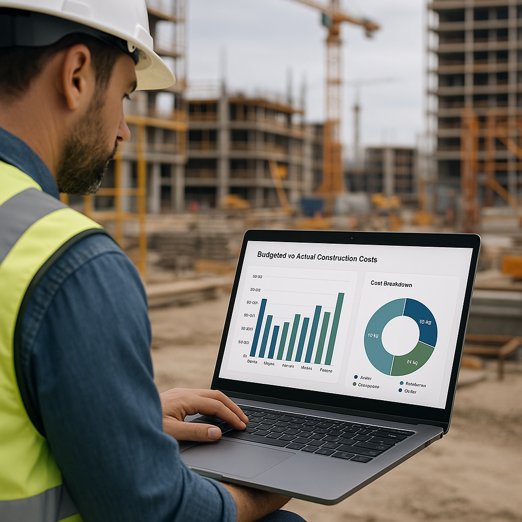 A contractor reviewing a real-time dashboard on a laptop, with charts showing budgeted vs actual construction costs. Bac...