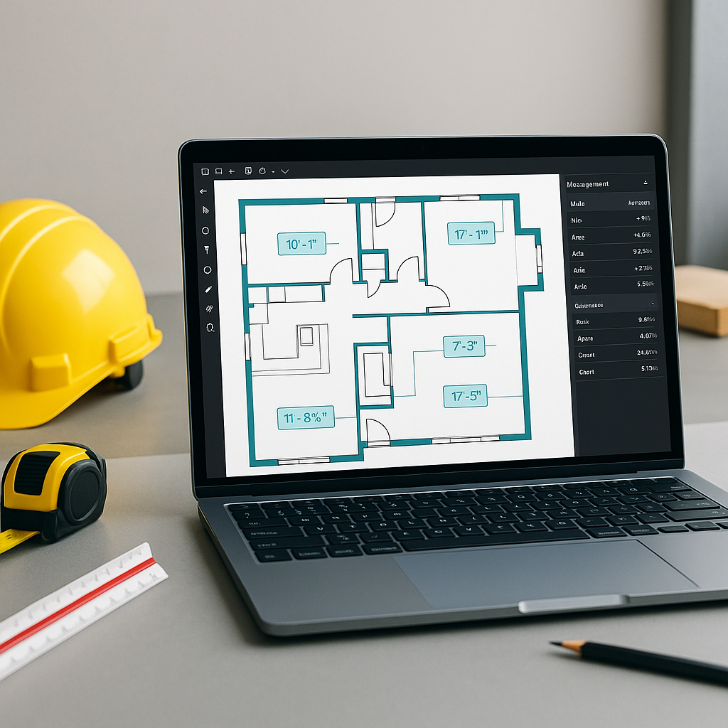 A modern construction estimator's desk with a laptop running AI-powered takeoff software, showing a PDF drawing with aut...