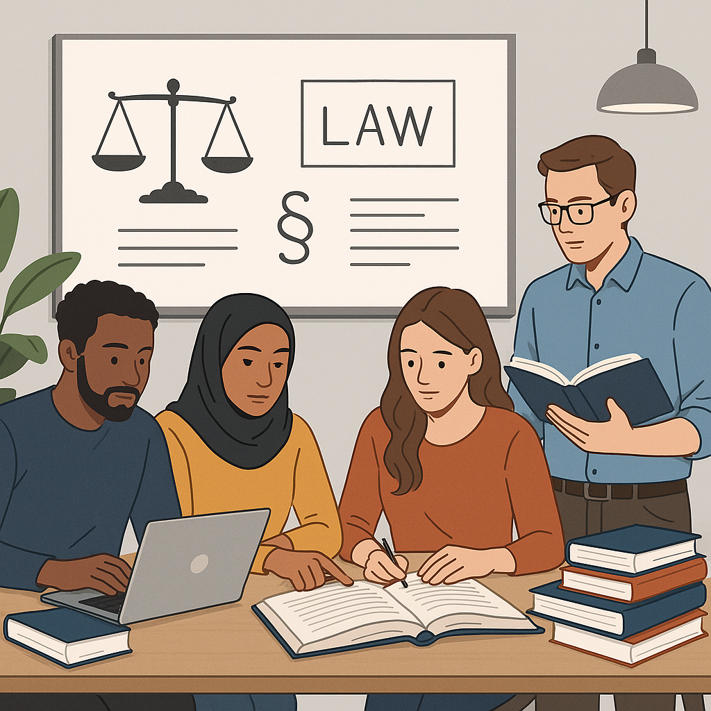 A detailed illustration of a diverse group of adults studying for the SQE1 exam, with books, laptops, and a whiteboard s...