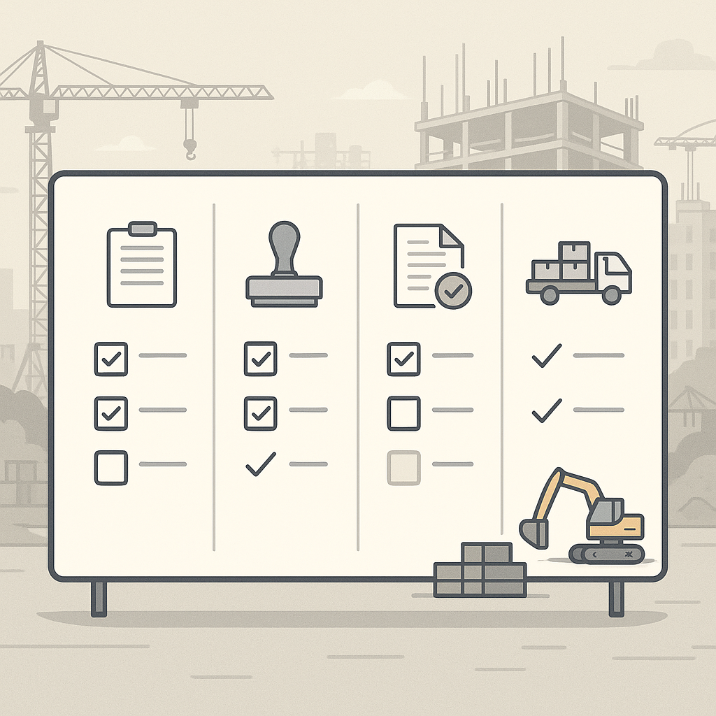 A detailed illustration of a construction procurement workflow board, showing requisitions, approvals, vendor selection,...