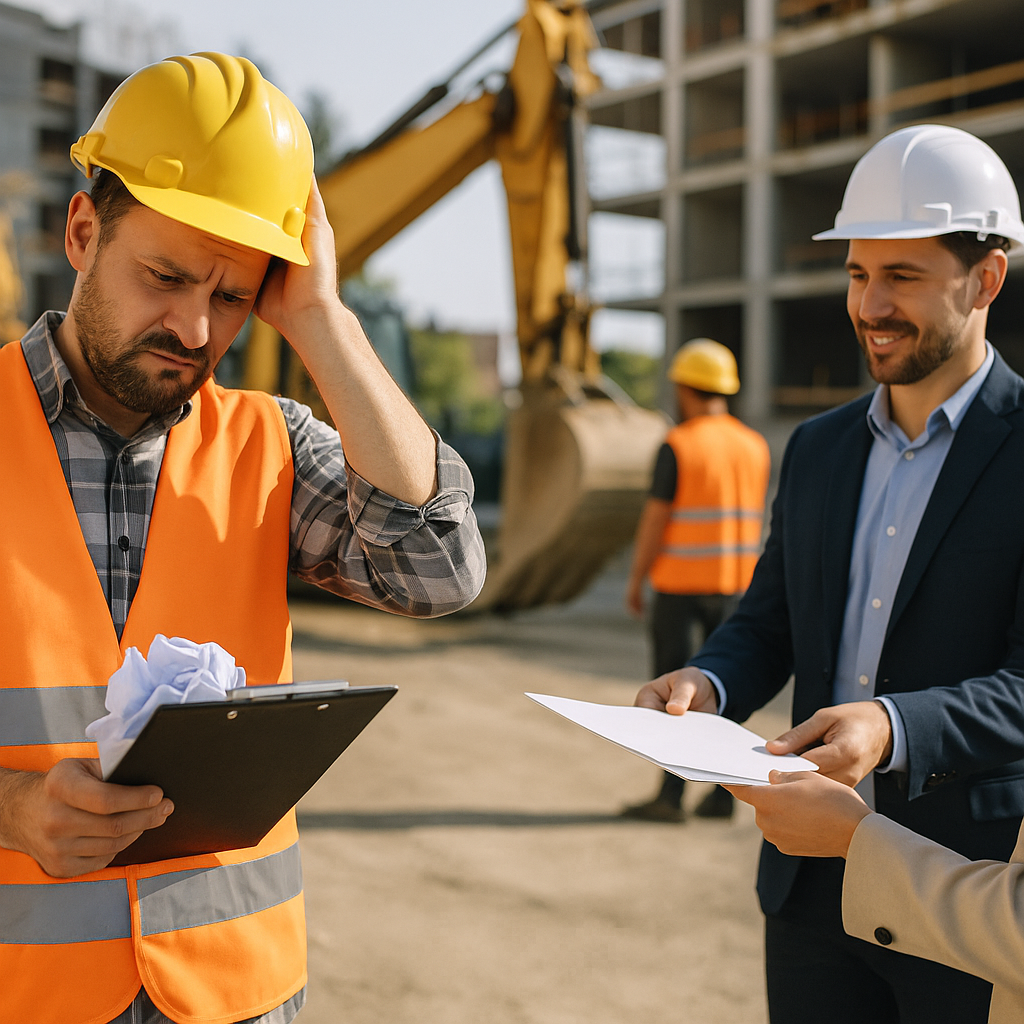 A frustrated contractor at a construction site, holding a clipboard with crumpled papers, while a competitor hands a cli...