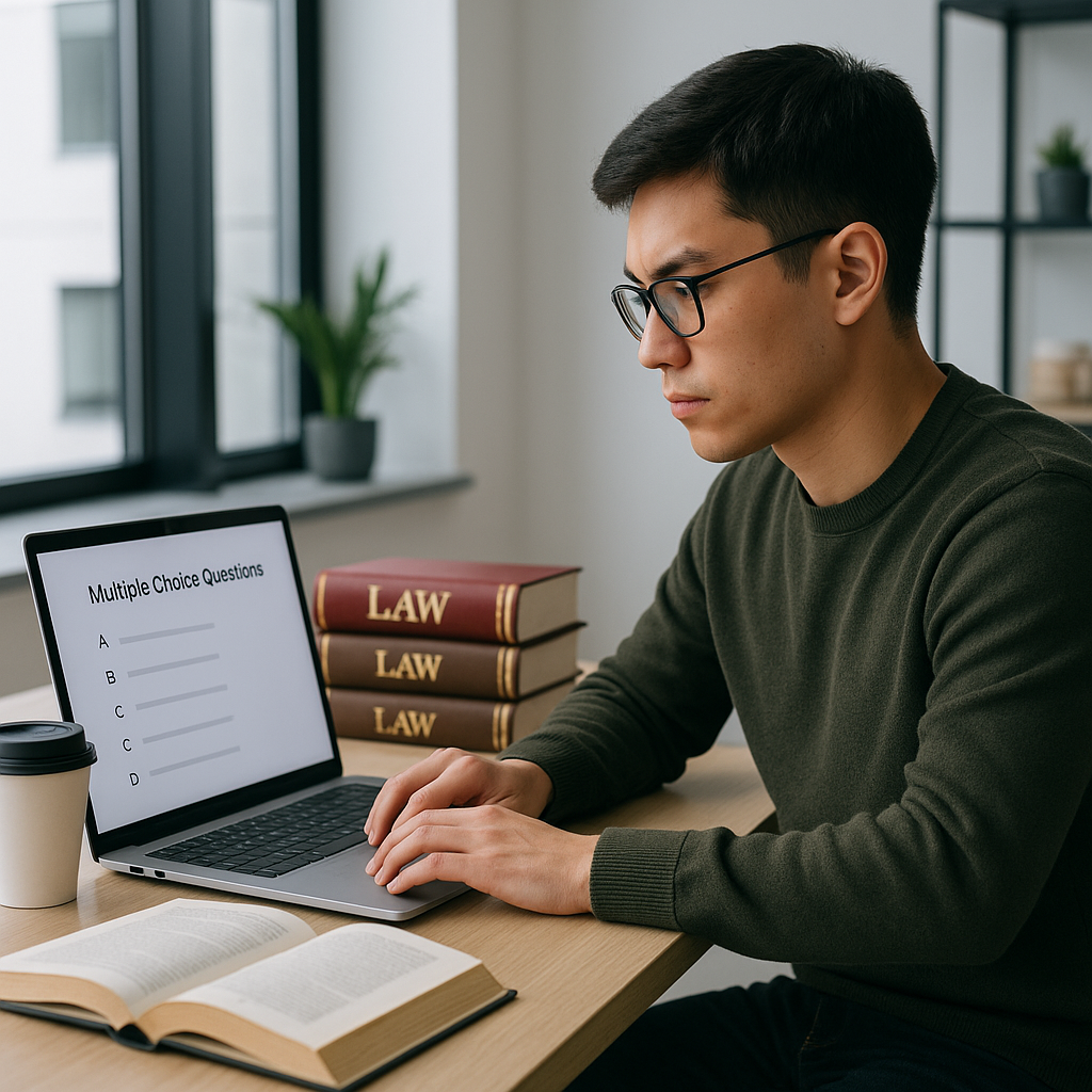 A focused student in a modern workspace, drilling multiple-choice questions on a laptop, with legal textbooks and a coff...