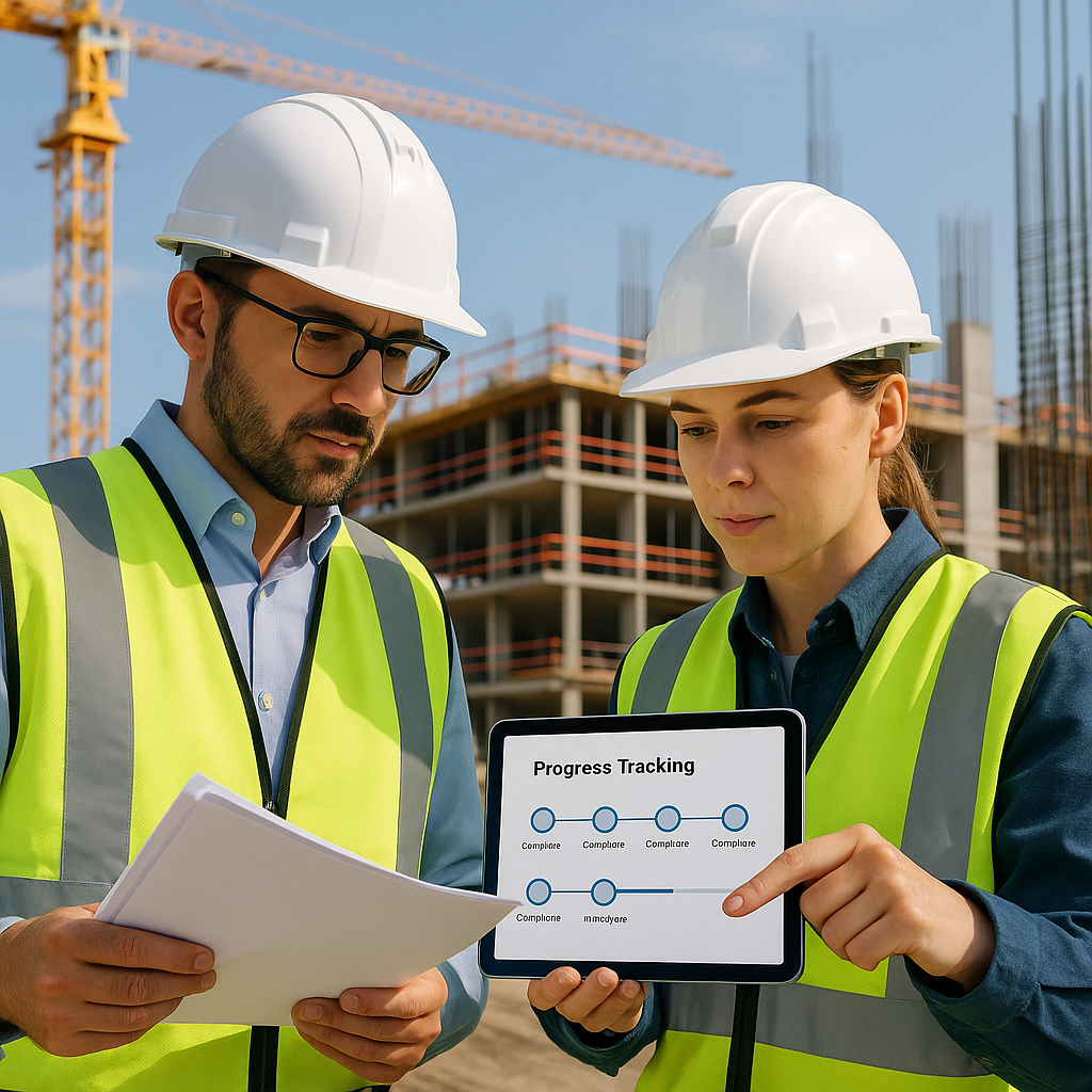 A construction site with engineers reviewing documents, showing progress tracking milestones on a tablet; realistic styl...