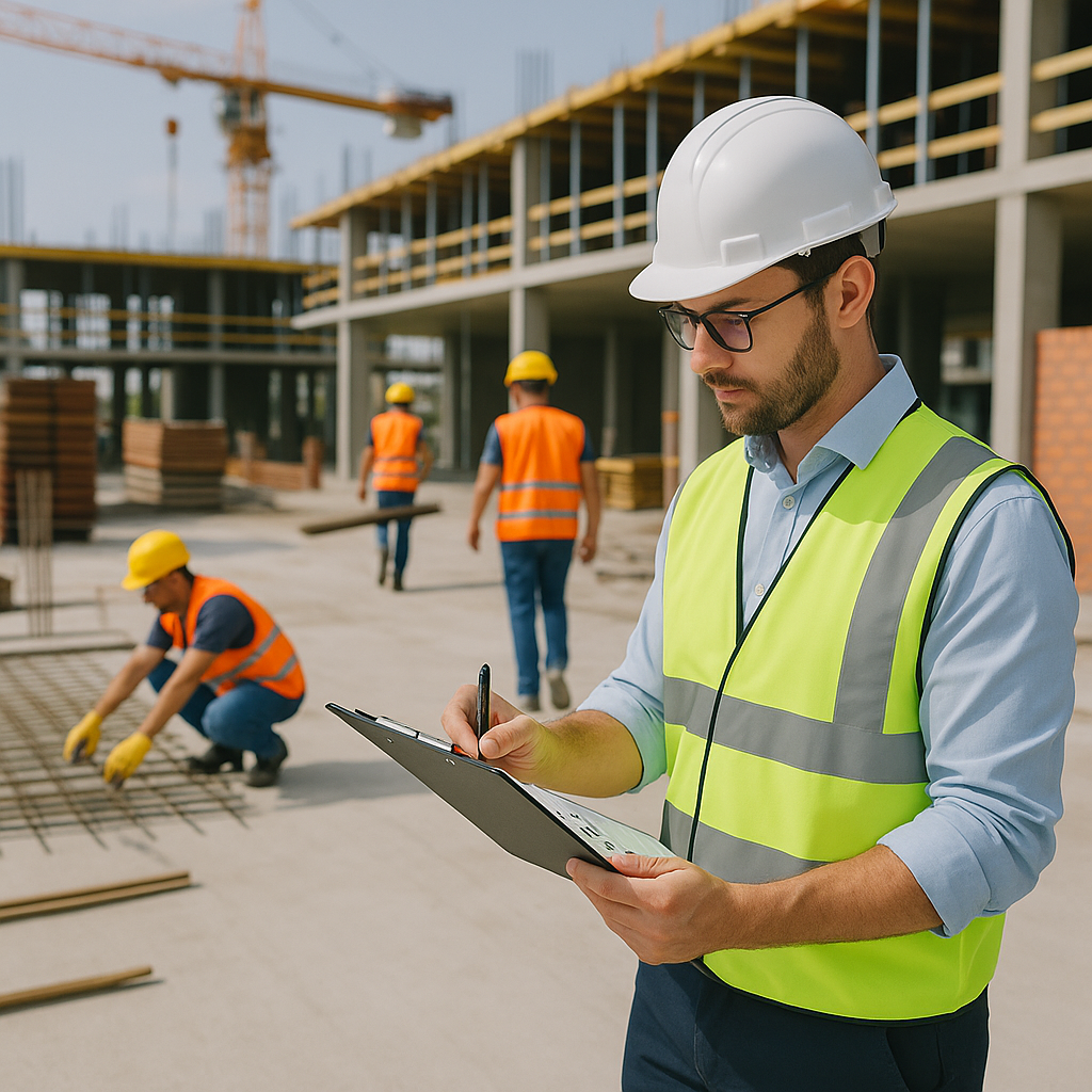 An organized construction site with a project manager holding a clipboard, checking off items on a checklist, while subc...