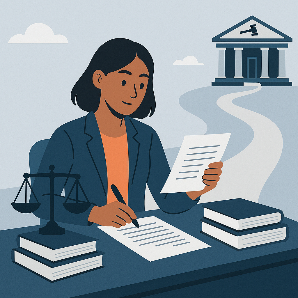 A visually engaging illustration of a paralegal at a desk reviewing legal documents, with a pathway leading to a courtro...