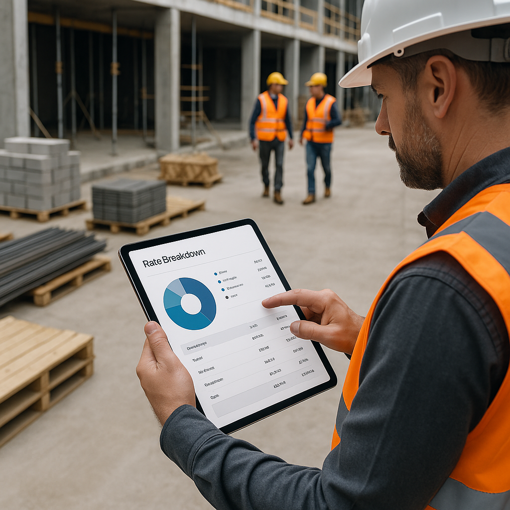 A detailed construction project scene showing a contractor analyzing a digital rate breakdown on a tablet, with construc...