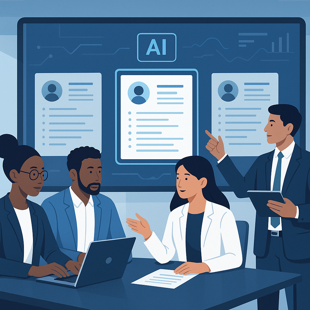 A futuristic office setting with diverse professionals collaborating and an AI interface analyzing resumes on a large sc...