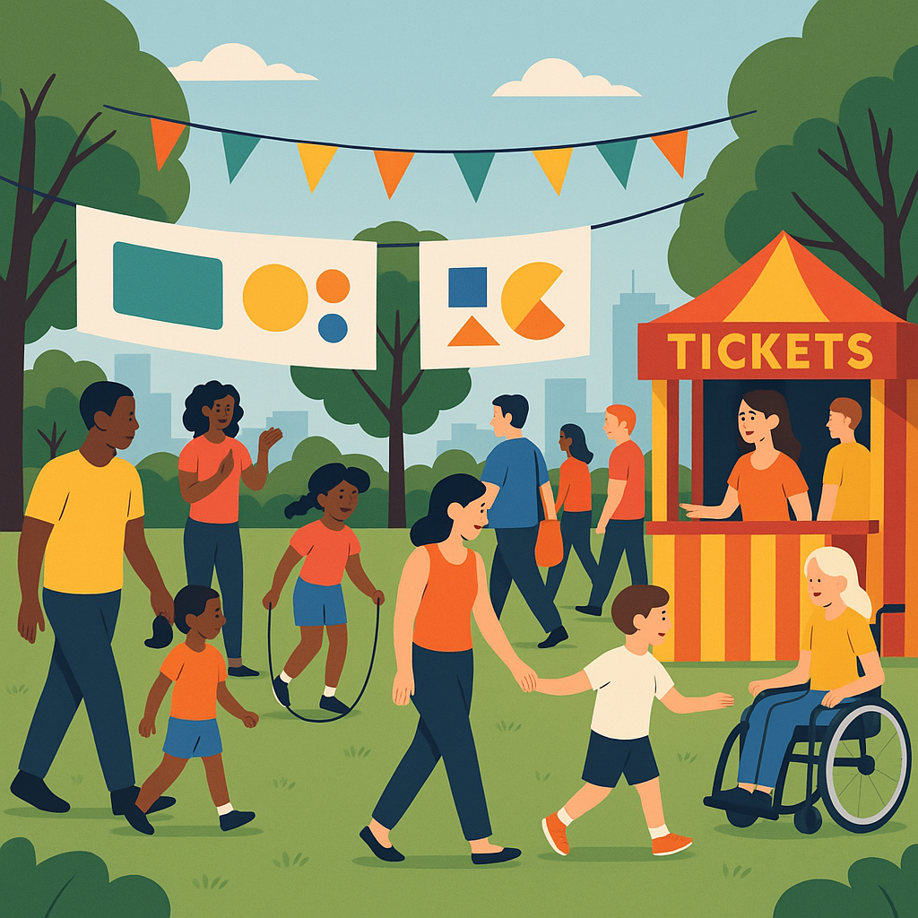 A vibrant illustration of a community event in a park, featuring diverse people engaging in activities, banners with spo...