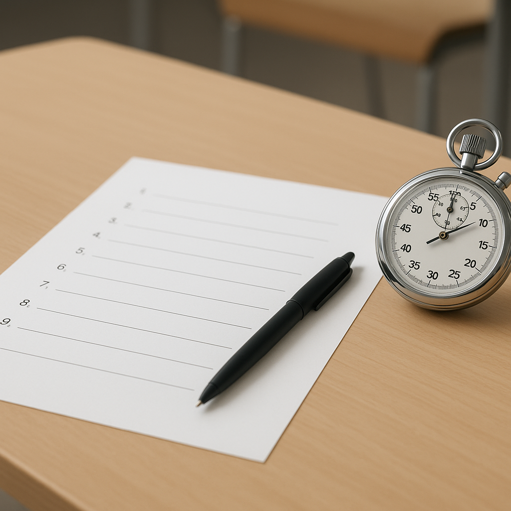 An exam desk with a pen, paper, and a ticking stopwatch, symbolizing time pressure during a test. Clean and professional...