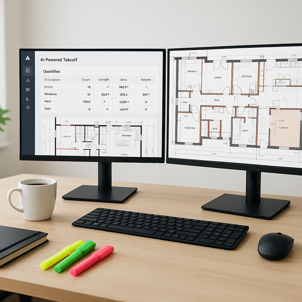 A construction estimator's desk with dual monitors showing an AI-powered takeoff interface extracting quantities from a...