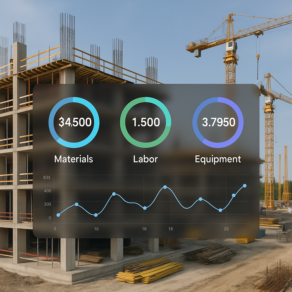 A construction project site with a digital dashboard overlay showing real-time cost tracking for materials, labor, and e...